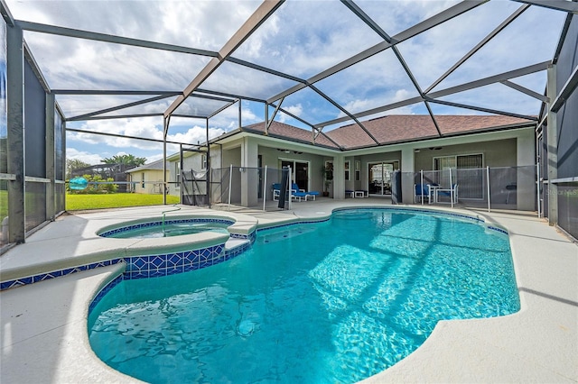 view of pool featuring glass enclosure, ceiling fan, an in ground hot tub, and a patio