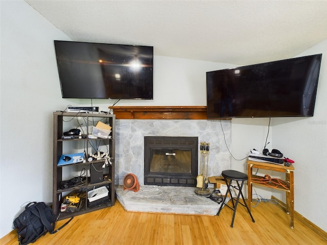 living room featuring hardwood / wood-style flooring and a stone fireplace