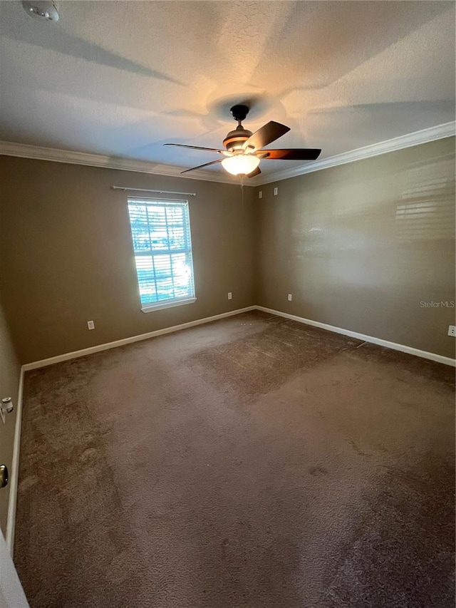 unfurnished room with carpet, ceiling fan, crown molding, and a textured ceiling