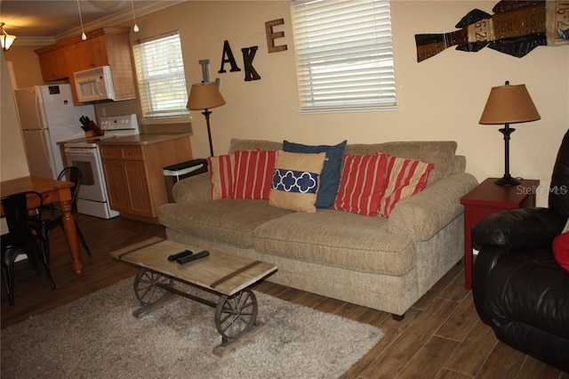 living room with dark hardwood / wood-style flooring and ornamental molding