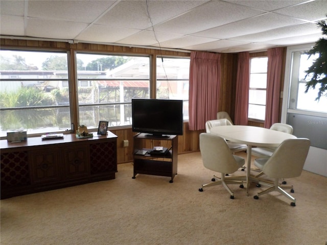 home office with light colored carpet, a paneled ceiling, and wood walls