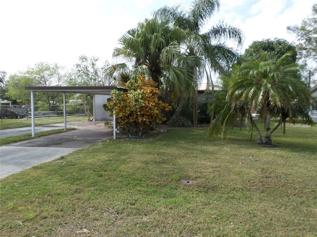 view of yard featuring an attached carport and concrete driveway