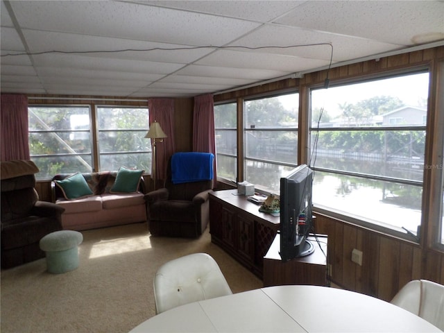 interior space with a wealth of natural light, a paneled ceiling, and wood walls