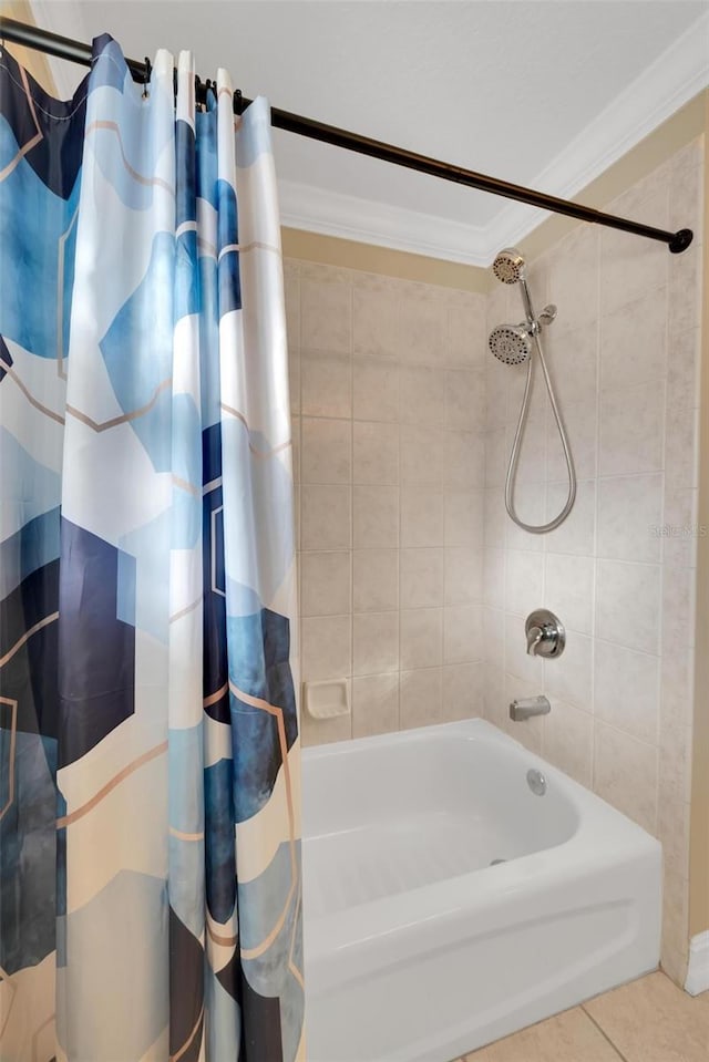 bathroom featuring crown molding, tile patterned flooring, and shower / bathtub combination with curtain