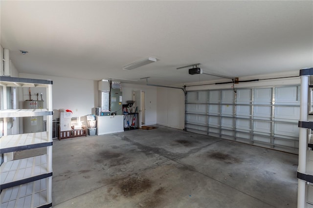 garage with heating unit, a garage door opener, and electric water heater