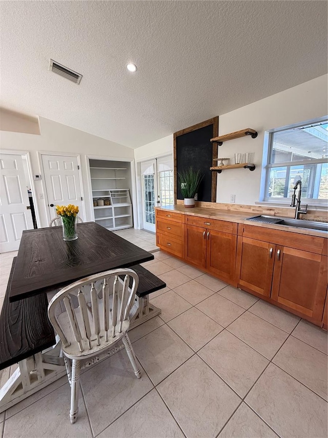 kitchen with lofted ceiling, sink, plenty of natural light, and a textured ceiling