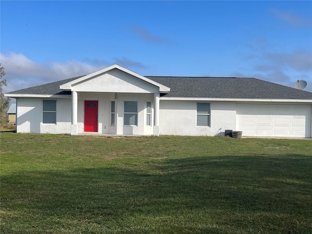 single story home with a garage, a front lawn, and covered porch