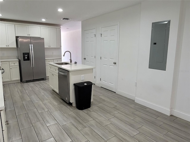 kitchen with white cabinetry, sink, a kitchen island with sink, and stainless steel appliances