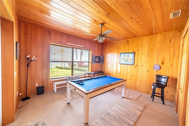 199 S Bear Pointe Dr, Lake Placid, FL 33852 - playroom with ceiling fan, billiards, wooden ceiling, and wood walls