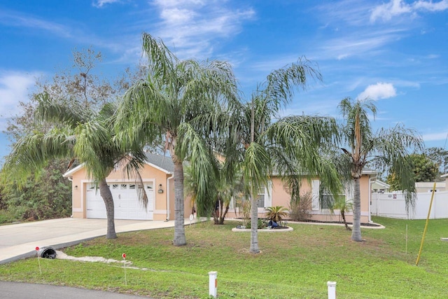 view of property hidden behind natural elements with concrete driveway, fence, a front lawn, and stucco siding