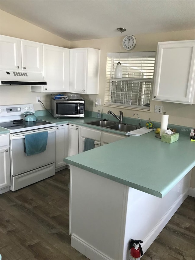 kitchen featuring pendant lighting, sink, white electric range, white cabinetry, and dark hardwood / wood-style floors