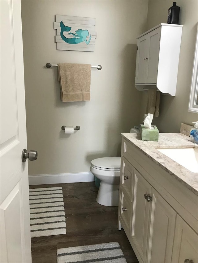 bathroom with wood-type flooring, vanity, and toilet