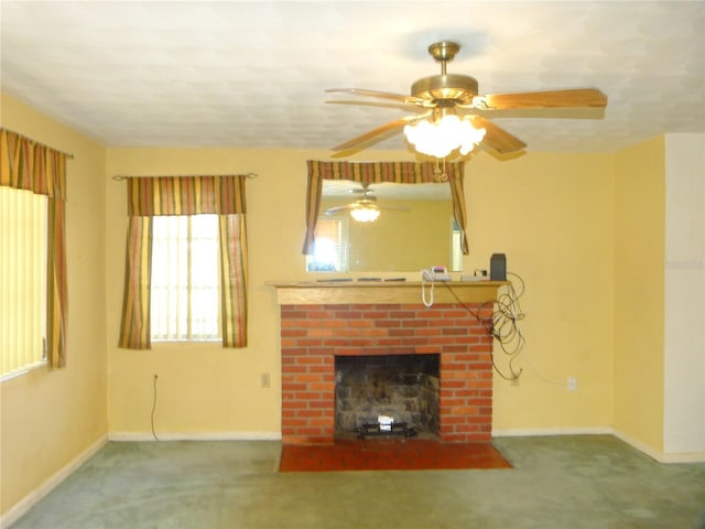 unfurnished living room with carpet floors and a fireplace