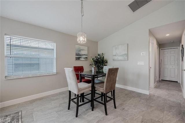 dining area featuring vaulted ceiling, recessed lighting, visible vents, and baseboards