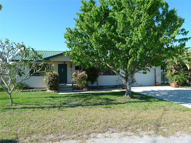 view of property hidden behind natural elements with driveway, metal roof, a front lawn, and a standing seam roof