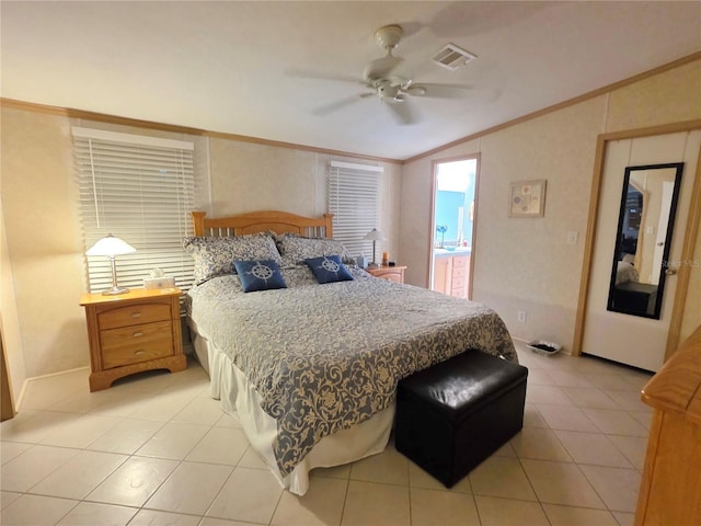 1601 US Highway 441 SE Unit 24, Okeechobee, FL 34974 - bedroom with a ceiling fan, light tile patterned floors, lofted ceiling, visible vents, and ornamental molding