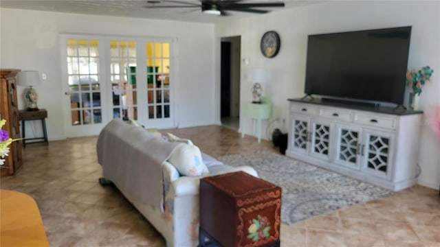 3007 SE 34th Ct, Okeechobee, FL 34974 - living area featuring ceiling fan, french doors, and tile patterned flooring