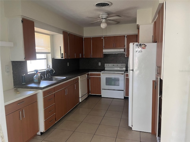 kitchen featuring white appliances, under cabinet range hood, ceiling fan, a sink, and backsplash