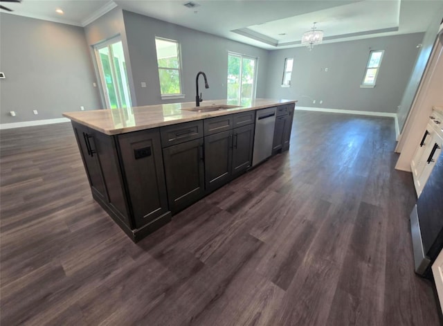 4486 SW Cacao St, Port St Lucie, FL 34953 - kitchen with stainless steel dishwasher, a sink, open floor plan, baseboards, and a tray ceiling