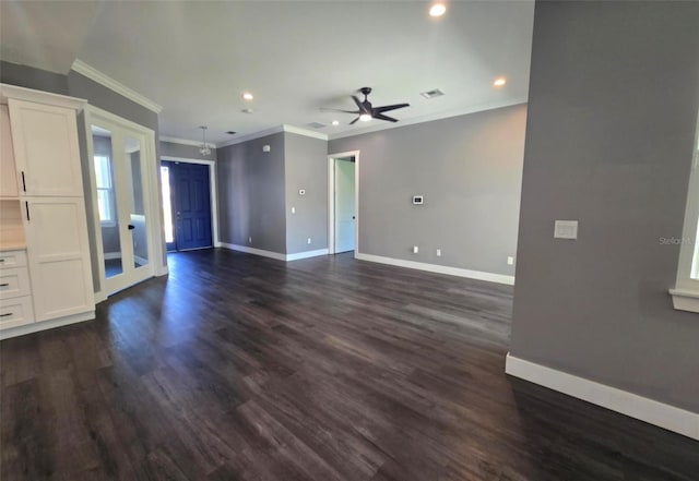 4486 SW Cacao St, Port St Lucie, FL 34953 - unfurnished living room with ornamental molding, baseboards, a ceiling fan, recessed lighting, and dark wood finished floors
