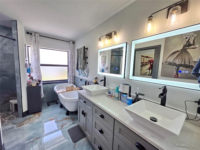 7935 NW 90th Ct, Okeechobee, FL 34972 - full bathroom with marble finish floors, double vanity, a tile shower, and a freestanding tub
