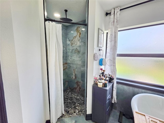 7935 NW 90th Ct, Okeechobee, FL 34972 - bathroom with a stall shower, a soaking tub, and concrete floors