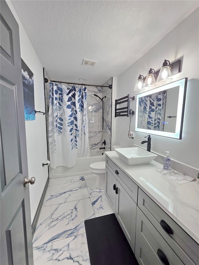 7935 NW 90th Ct, Okeechobee, FL 34972 - bathroom with shower / bathtub combination with curtain, vanity, toilet, marble look tile flooring, and a textured ceiling