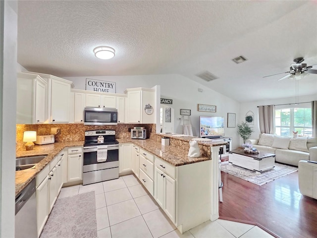 3897 NW 22nd Ave, Okeechobee, FL 34972 - kitchen with appliances with stainless steel finishes, lofted ceiling, a peninsula, open floor plan, and light stone counters
