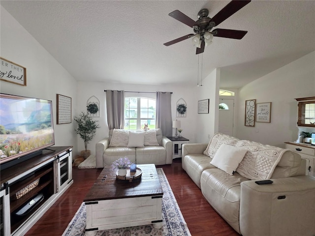 3897 NW 22nd Ave, Okeechobee, FL 34972 - living room with lofted ceiling, ceiling fan, a textured ceiling, and wood finished floors