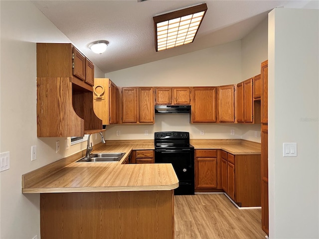 1150 SW 83rd Ave, Okeechobee, FL 34974 - kitchen featuring under cabinet range hood, black electric range oven, a peninsula, brown cabinets, and light countertops
