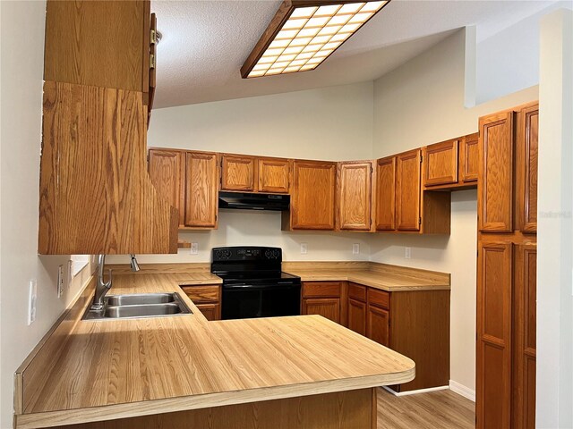 1150 SW 83rd Ave, Okeechobee, FL 34974 - kitchen featuring black electric range oven, under cabinet range hood, brown cabinetry, a peninsula, and light countertops