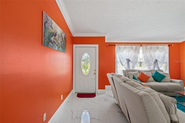 402 SW Seaflower Ter, Port St Lucie, FL 34984 - entryway with crown molding, light marble finish flooring, and a textured ceiling