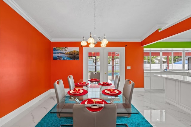 402 SW Seaflower Ter, Port St Lucie, FL 34984 - dining space featuring ornamental molding, french doors, light marble finish floors, healthy amount of natural light, and a textured ceiling