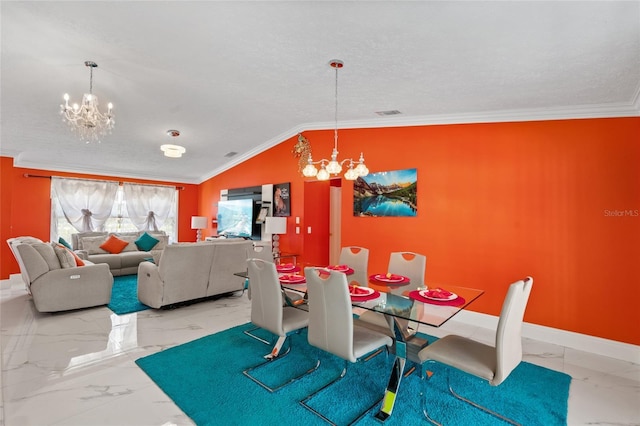 402 SW Seaflower Ter, Port St Lucie, FL 34984 - dining room with a chandelier, marble finish flooring, lofted ceiling, ornamental molding, and a textured ceiling