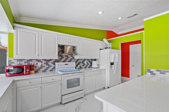 402 SW Seaflower Ter, Port St Lucie, FL 34984 - kitchen with white appliances, wall chimney range hood, white cabinets, light countertops, and ornamental molding