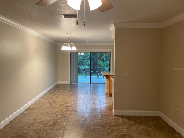 spare room featuring light tile floors, a textured ceiling, crown molding, and ceiling fan with notable chandelier