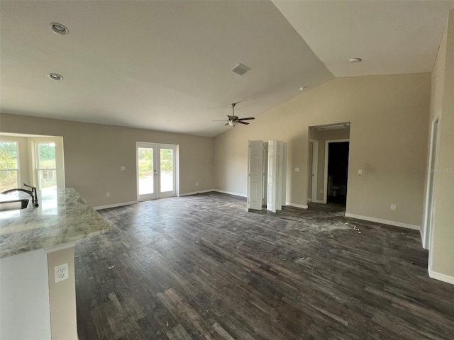 spare room with lofted ceiling, ceiling fan, sink, and dark hardwood / wood-style floors