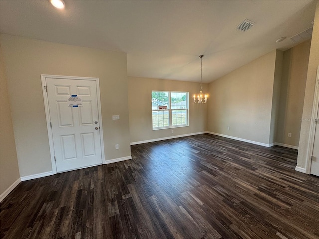 6711 SW 64th Ave, Ocala, FL 34476 - unfurnished dining area with dark wood finished floors, vaulted ceiling, visible vents, baseboards, and a chandelier