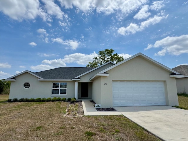 6711 SW 64th Ave, Ocala, FL 34476 - ranch-style home with an attached garage, driveway, a front yard, and stucco siding