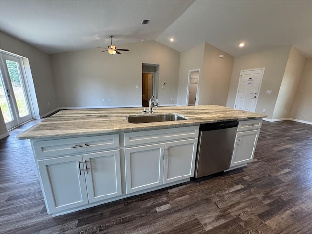 6711 SW 64th Ave, Ocala, FL 34476 - kitchen with lofted ceiling, dishwasher, white cabinetry, a sink, and ceiling fan