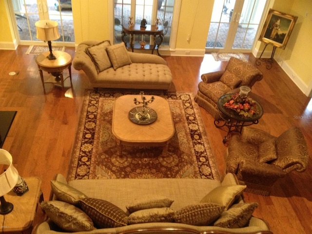 living room with wood-type flooring and a healthy amount of sunlight