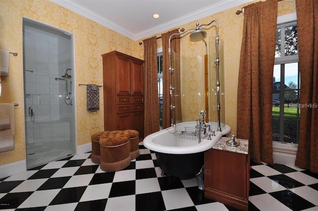 bathroom with independent shower and bath, tile floors, and crown molding