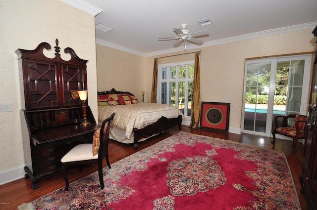 bedroom with access to outside, ceiling fan, dark hardwood / wood-style floors, and crown molding