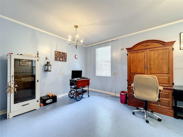 office space featuring ornamental molding, light tile floors, and an inviting chandelier