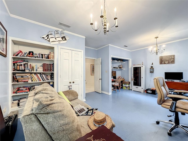 office space with ornamental molding and an inviting chandelier