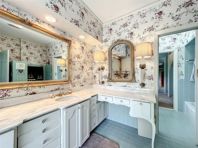 bathroom with vanity and tile flooring