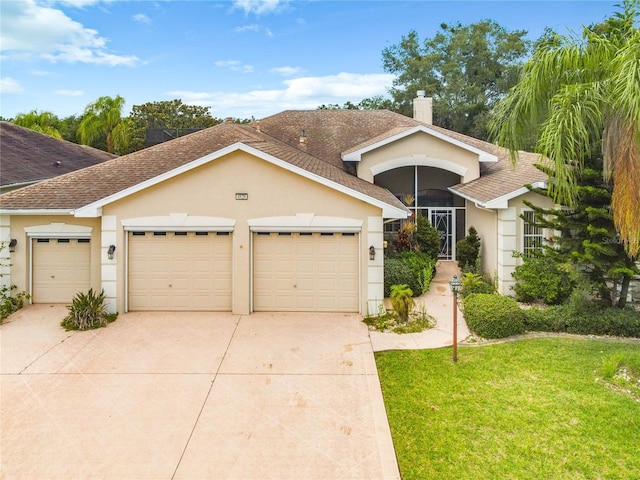 single story home featuring a garage and a front lawn