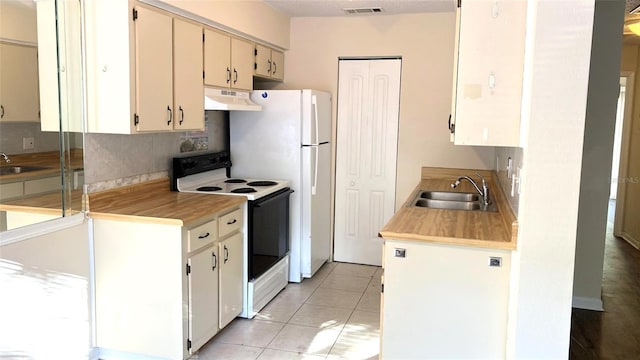 kitchen featuring sink, white electric range oven, light tile flooring, custom exhaust hood, and tasteful backsplash