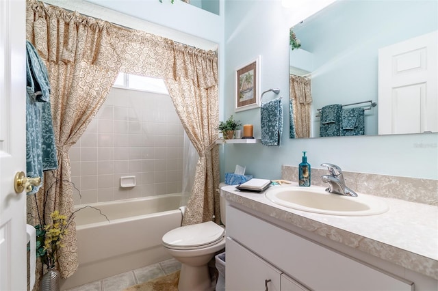 full bathroom with shower / bath combination with curtain, toilet, large vanity, and tile flooring