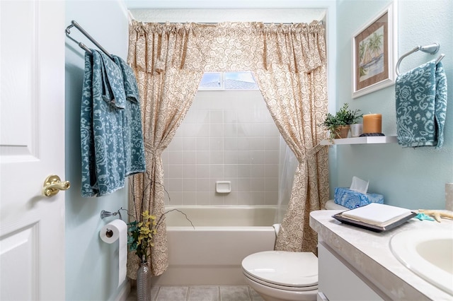 full bathroom with shower / bath combination with curtain, toilet, tile flooring, and vanity